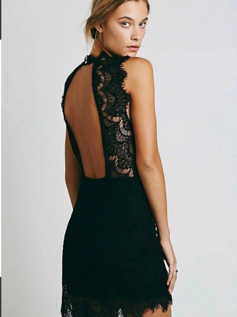 NWT Free People Black Lace Open Back Mini Dress Size Medium Mock Neck Cocktail